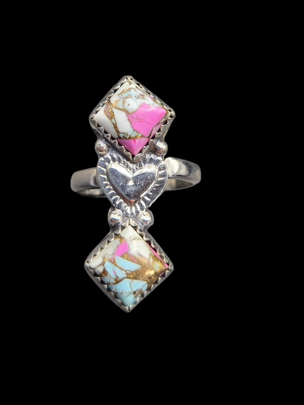 Silver Heart Double Cotton Candy Turquoise Ring 8 Adjustable